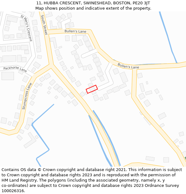 11, HUBBA CRESCENT, SWINESHEAD, BOSTON, PE20 3JT: Location map and indicative extent of plot