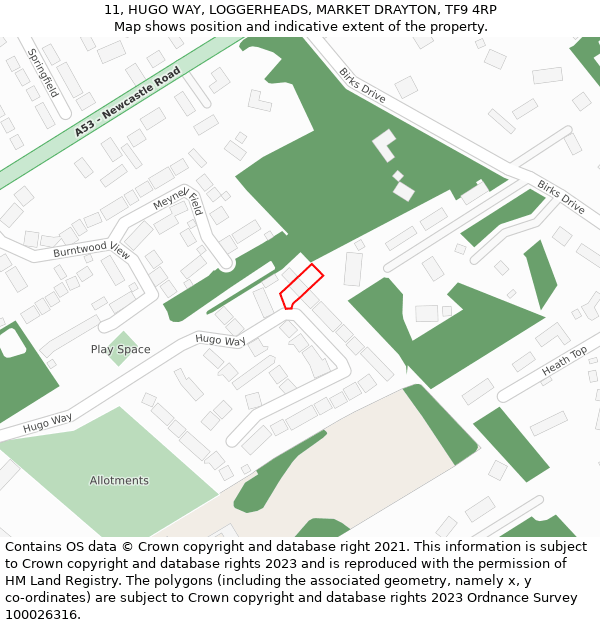 11, HUGO WAY, LOGGERHEADS, MARKET DRAYTON, TF9 4RP: Location map and indicative extent of plot