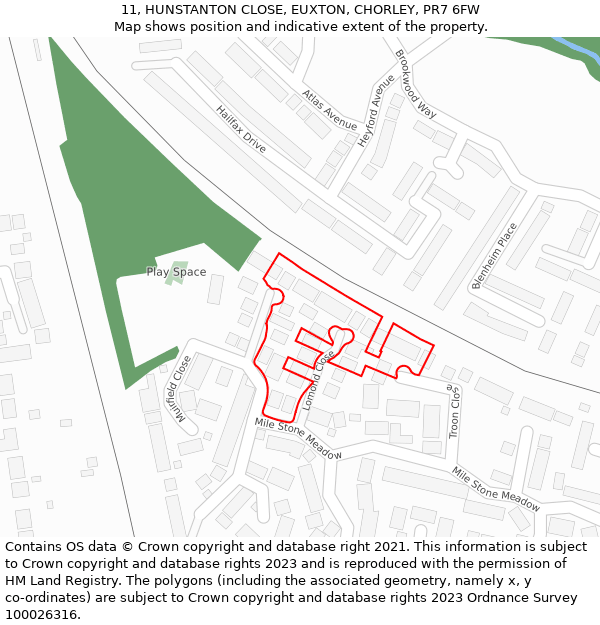 11, HUNSTANTON CLOSE, EUXTON, CHORLEY, PR7 6FW: Location map and indicative extent of plot