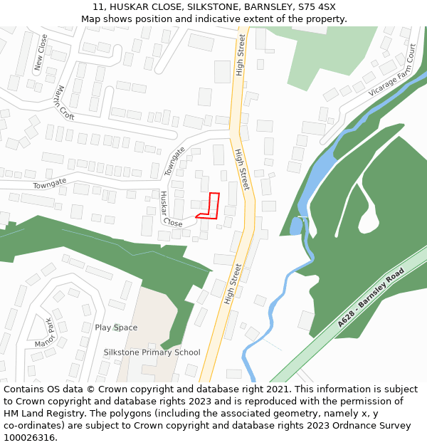 11, HUSKAR CLOSE, SILKSTONE, BARNSLEY, S75 4SX: Location map and indicative extent of plot