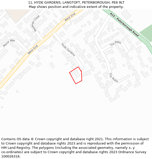 11, HYDE GARDENS, LANGTOFT, PETERBOROUGH, PE6 9LT: Location map and indicative extent of plot