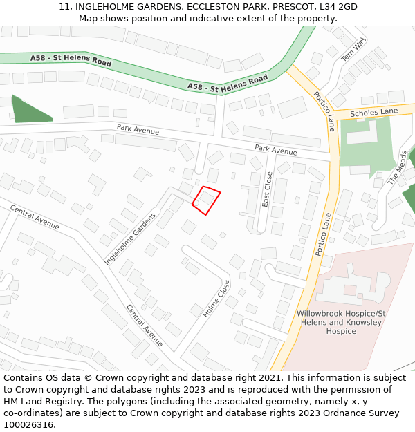 11, INGLEHOLME GARDENS, ECCLESTON PARK, PRESCOT, L34 2GD: Location map and indicative extent of plot