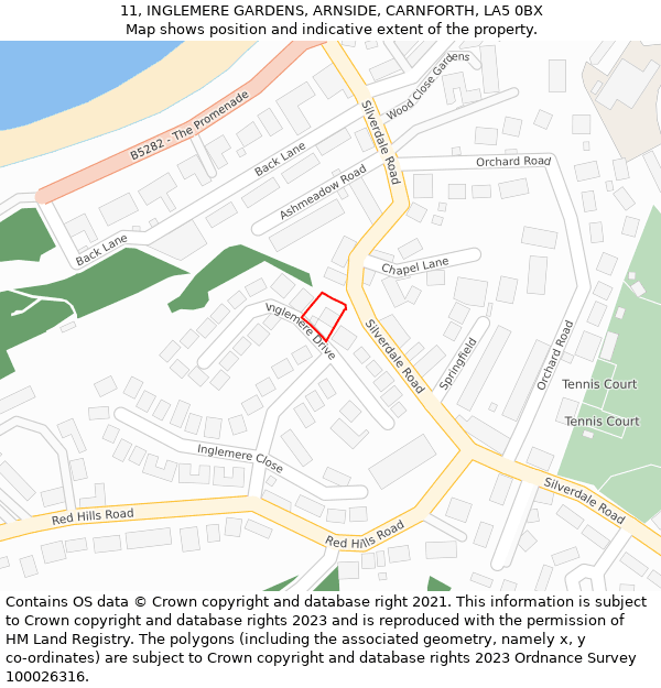 11, INGLEMERE GARDENS, ARNSIDE, CARNFORTH, LA5 0BX: Location map and indicative extent of plot