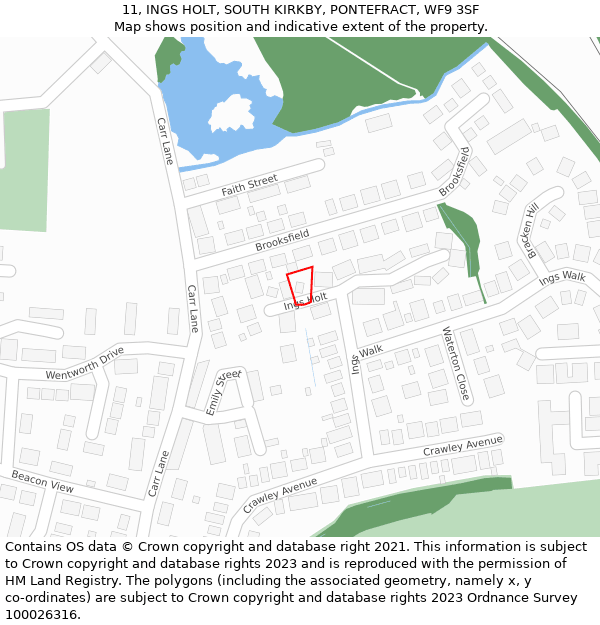 11, INGS HOLT, SOUTH KIRKBY, PONTEFRACT, WF9 3SF: Location map and indicative extent of plot