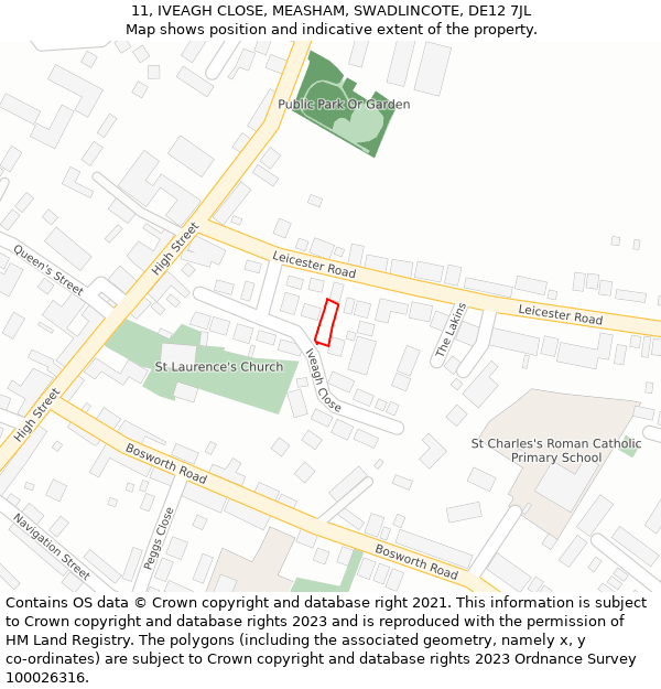 11, IVEAGH CLOSE, MEASHAM, SWADLINCOTE, DE12 7JL: Location map and indicative extent of plot