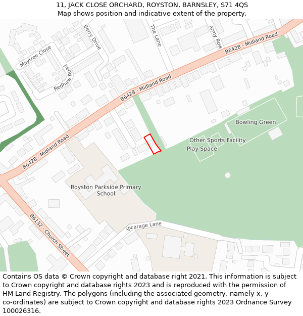 11, JACK CLOSE ORCHARD, ROYSTON, BARNSLEY, S71 4QS: Location map and indicative extent of plot