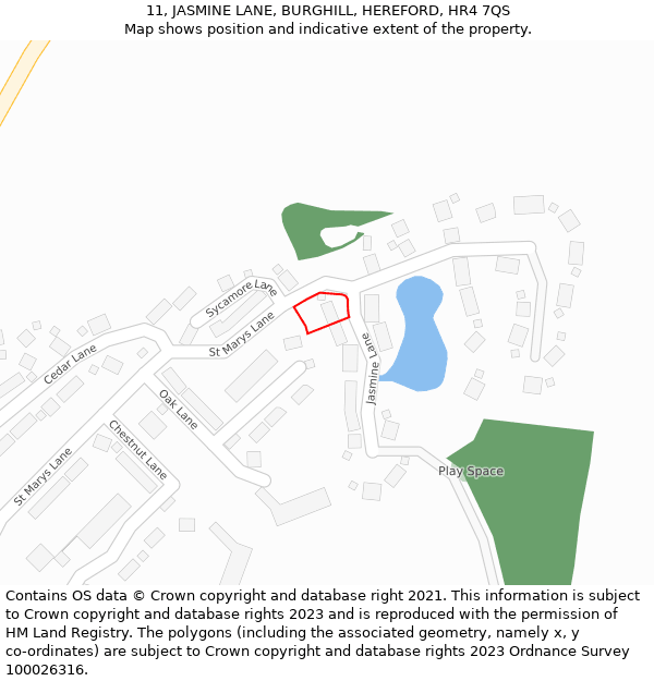 11, JASMINE LANE, BURGHILL, HEREFORD, HR4 7QS: Location map and indicative extent of plot