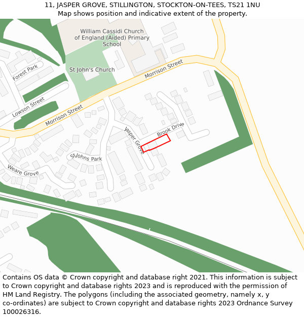 11, JASPER GROVE, STILLINGTON, STOCKTON-ON-TEES, TS21 1NU: Location map and indicative extent of plot