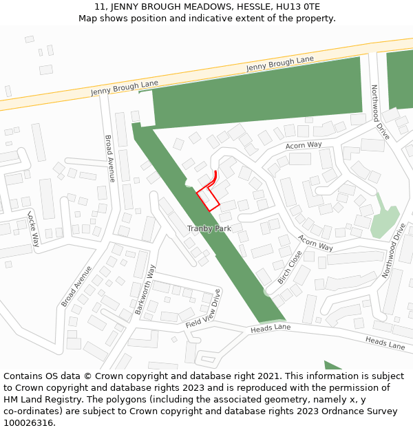 11, JENNY BROUGH MEADOWS, HESSLE, HU13 0TE: Location map and indicative extent of plot