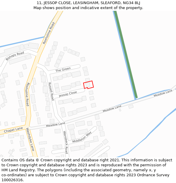 11, JESSOP CLOSE, LEASINGHAM, SLEAFORD, NG34 8LJ: Location map and indicative extent of plot