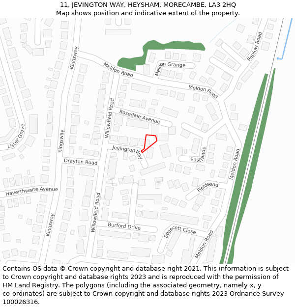 11, JEVINGTON WAY, HEYSHAM, MORECAMBE, LA3 2HQ: Location map and indicative extent of plot