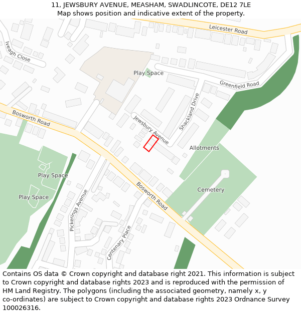 11, JEWSBURY AVENUE, MEASHAM, SWADLINCOTE, DE12 7LE: Location map and indicative extent of plot