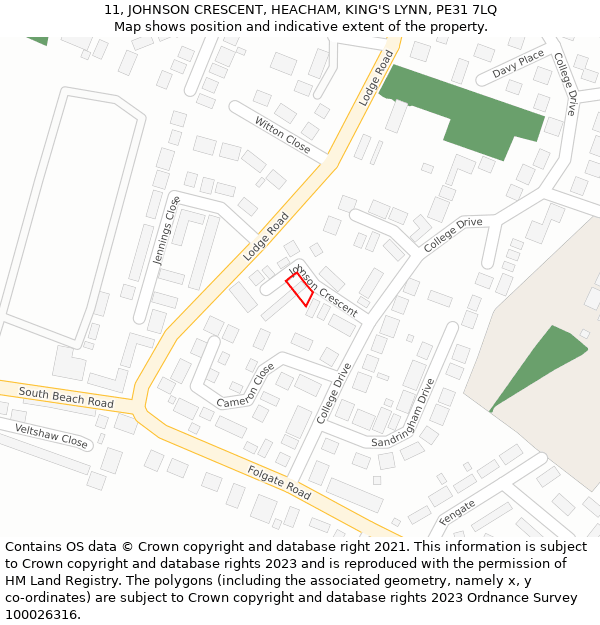 11, JOHNSON CRESCENT, HEACHAM, KING'S LYNN, PE31 7LQ: Location map and indicative extent of plot