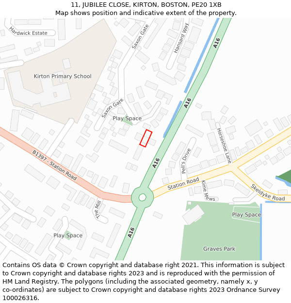 11, JUBILEE CLOSE, KIRTON, BOSTON, PE20 1XB: Location map and indicative extent of plot