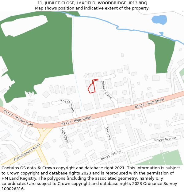 11, JUBILEE CLOSE, LAXFIELD, WOODBRIDGE, IP13 8DQ: Location map and indicative extent of plot