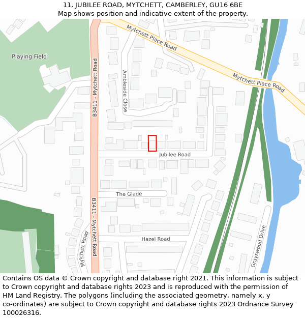 11, JUBILEE ROAD, MYTCHETT, CAMBERLEY, GU16 6BE: Location map and indicative extent of plot