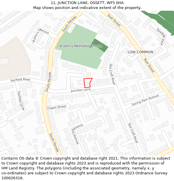 11, JUNCTION LANE, OSSETT, WF5 0HA: Location map and indicative extent of plot