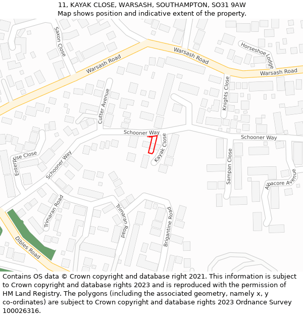 11, KAYAK CLOSE, WARSASH, SOUTHAMPTON, SO31 9AW: Location map and indicative extent of plot