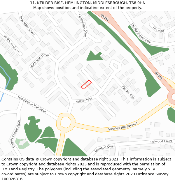 11, KEILDER RISE, HEMLINGTON, MIDDLESBROUGH, TS8 9HN: Location map and indicative extent of plot