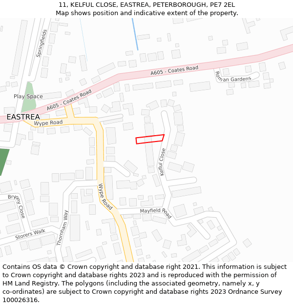 11, KELFUL CLOSE, EASTREA, PETERBOROUGH, PE7 2EL: Location map and indicative extent of plot