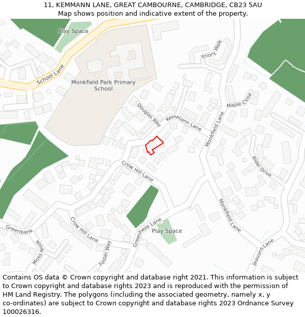 11, KEMMANN LANE, GREAT CAMBOURNE, CAMBRIDGE, CB23 5AU: Location map and indicative extent of plot