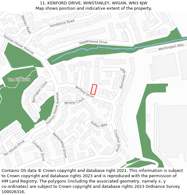 11, KENFORD DRIVE, WINSTANLEY, WIGAN, WN3 6JW: Location map and indicative extent of plot