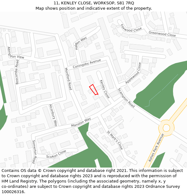 11, KENLEY CLOSE, WORKSOP, S81 7RQ: Location map and indicative extent of plot