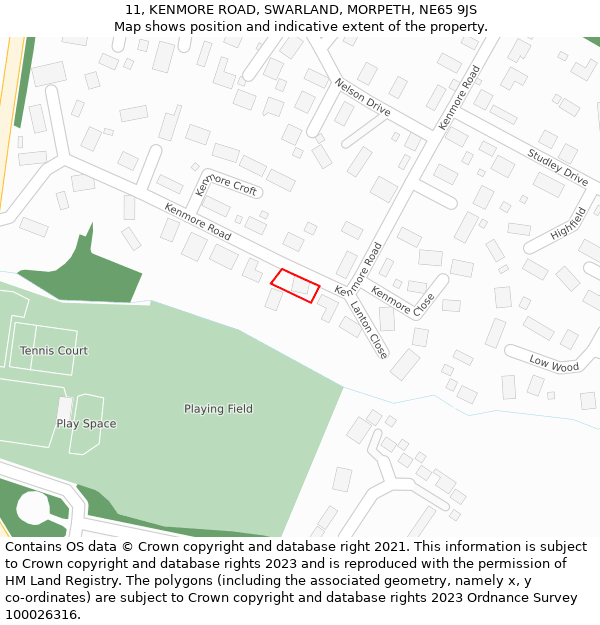 11, KENMORE ROAD, SWARLAND, MORPETH, NE65 9JS: Location map and indicative extent of plot