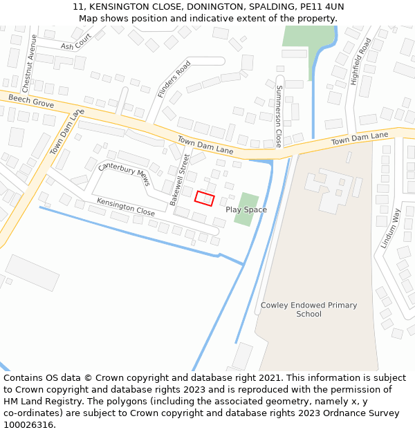 11, KENSINGTON CLOSE, DONINGTON, SPALDING, PE11 4UN: Location map and indicative extent of plot