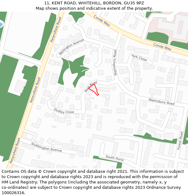 11, KENT ROAD, WHITEHILL, BORDON, GU35 9PZ: Location map and indicative extent of plot