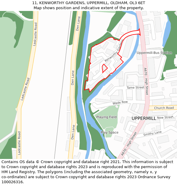 11, KENWORTHY GARDENS, UPPERMILL, OLDHAM, OL3 6ET: Location map and indicative extent of plot