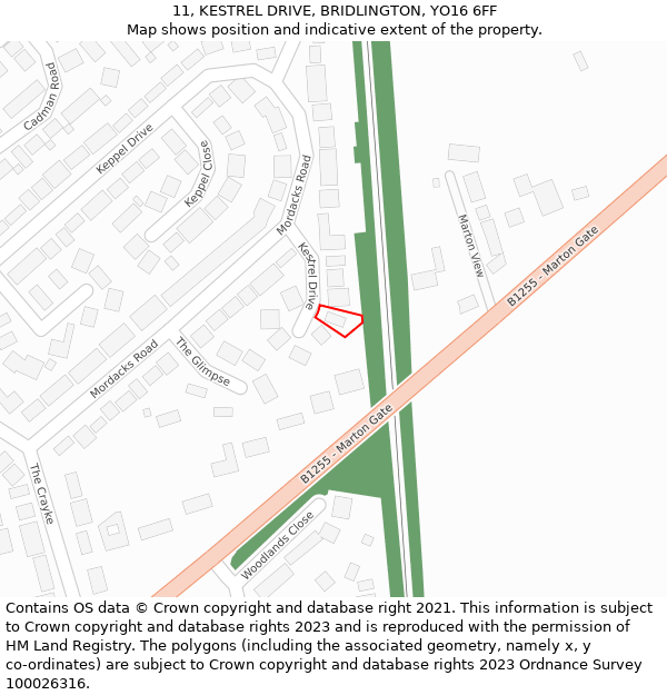 11, KESTREL DRIVE, BRIDLINGTON, YO16 6FF: Location map and indicative extent of plot