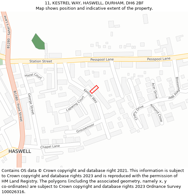 11, KESTREL WAY, HASWELL, DURHAM, DH6 2BF: Location map and indicative extent of plot