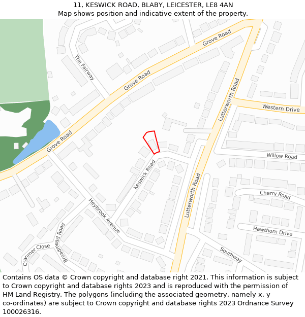 11, KESWICK ROAD, BLABY, LEICESTER, LE8 4AN: Location map and indicative extent of plot