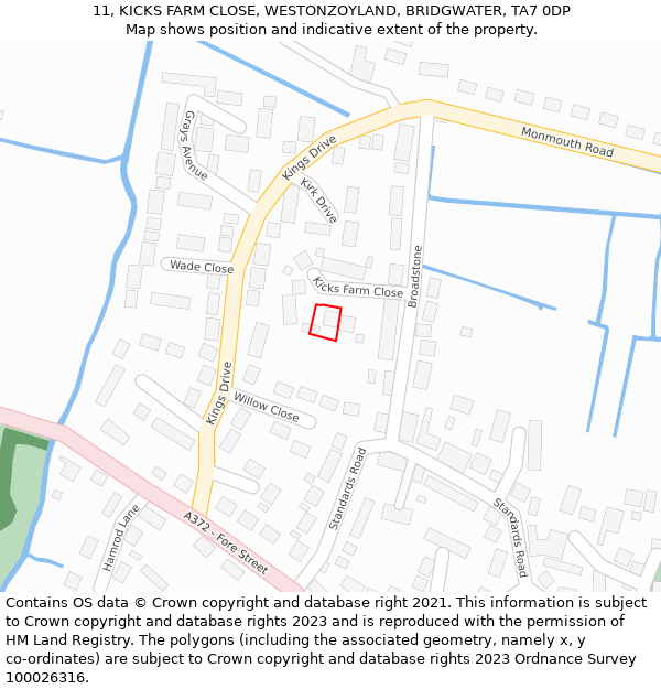 11, KICKS FARM CLOSE, WESTONZOYLAND, BRIDGWATER, TA7 0DP: Location map and indicative extent of plot