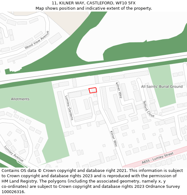 11, KILNER WAY, CASTLEFORD, WF10 5FX: Location map and indicative extent of plot