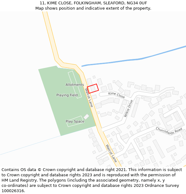 11, KIME CLOSE, FOLKINGHAM, SLEAFORD, NG34 0UF: Location map and indicative extent of plot