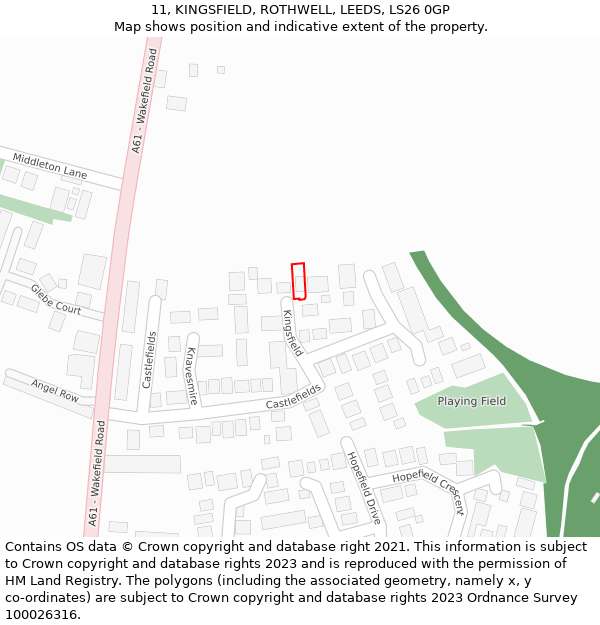 11, KINGSFIELD, ROTHWELL, LEEDS, LS26 0GP: Location map and indicative extent of plot