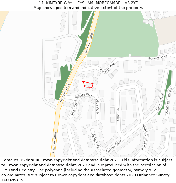 11, KINTYRE WAY, HEYSHAM, MORECAMBE, LA3 2YF: Location map and indicative extent of plot