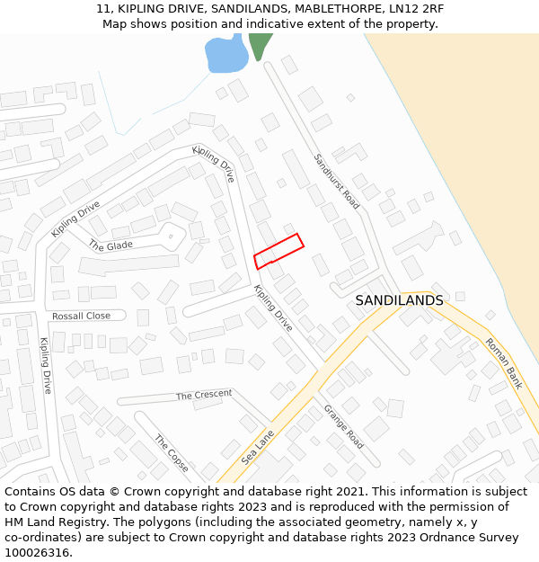 11, KIPLING DRIVE, SANDILANDS, MABLETHORPE, LN12 2RF: Location map and indicative extent of plot