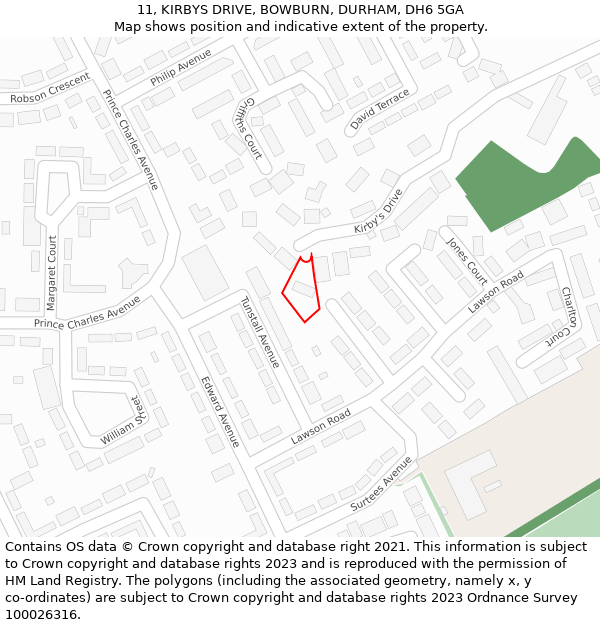 11, KIRBYS DRIVE, BOWBURN, DURHAM, DH6 5GA: Location map and indicative extent of plot