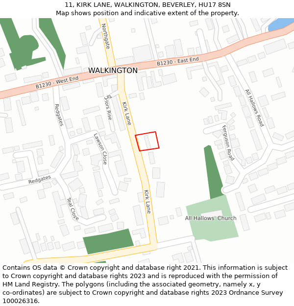 11, KIRK LANE, WALKINGTON, BEVERLEY, HU17 8SN: Location map and indicative extent of plot