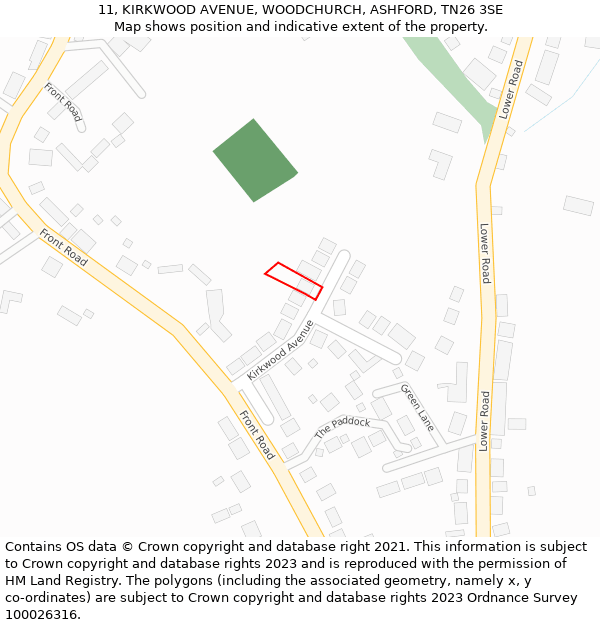 11, KIRKWOOD AVENUE, WOODCHURCH, ASHFORD, TN26 3SE: Location map and indicative extent of plot
