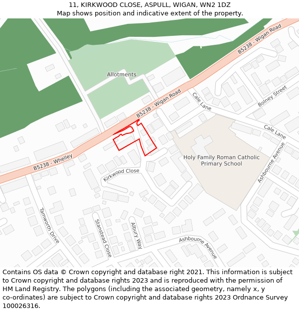 11, KIRKWOOD CLOSE, ASPULL, WIGAN, WN2 1DZ: Location map and indicative extent of plot