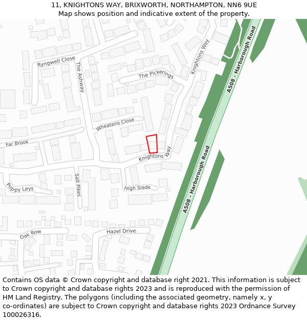 11, KNIGHTONS WAY, BRIXWORTH, NORTHAMPTON, NN6 9UE: Location map and indicative extent of plot