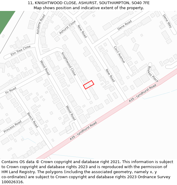 11, KNIGHTWOOD CLOSE, ASHURST, SOUTHAMPTON, SO40 7FE: Location map and indicative extent of plot