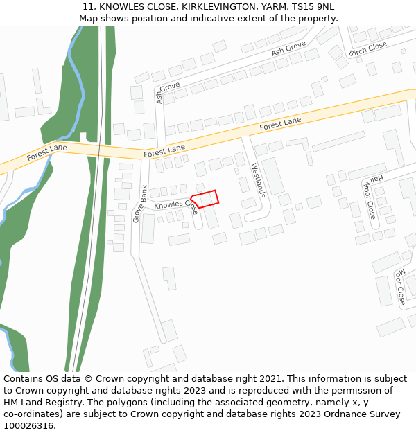 11, KNOWLES CLOSE, KIRKLEVINGTON, YARM, TS15 9NL: Location map and indicative extent of plot