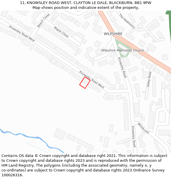 11, KNOWSLEY ROAD WEST, CLAYTON LE DALE, BLACKBURN, BB1 9PW: Location map and indicative extent of plot