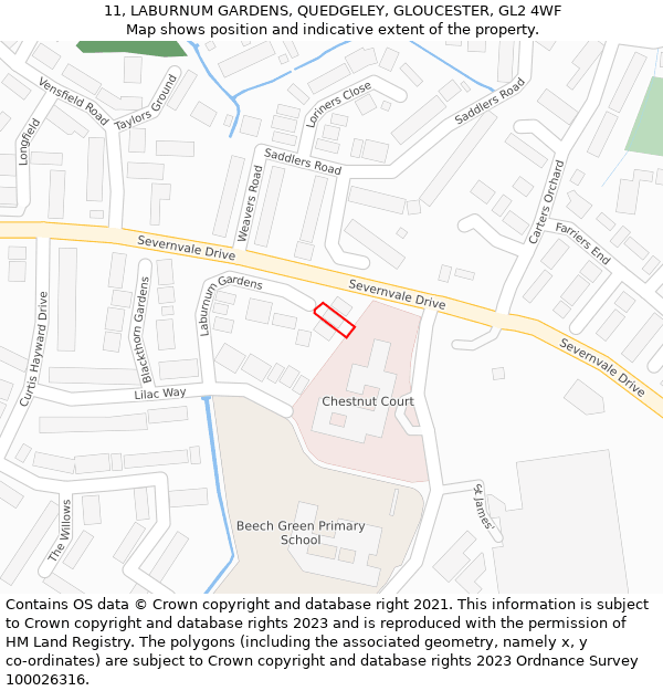 11, LABURNUM GARDENS, QUEDGELEY, GLOUCESTER, GL2 4WF: Location map and indicative extent of plot