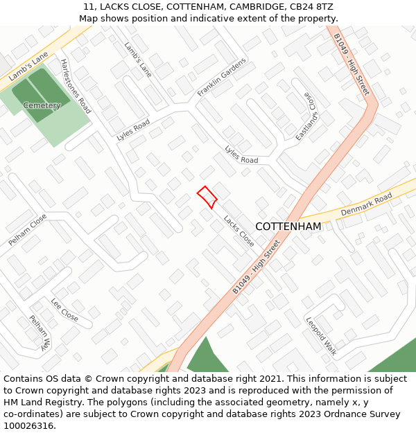 11, LACKS CLOSE, COTTENHAM, CAMBRIDGE, CB24 8TZ: Location map and indicative extent of plot